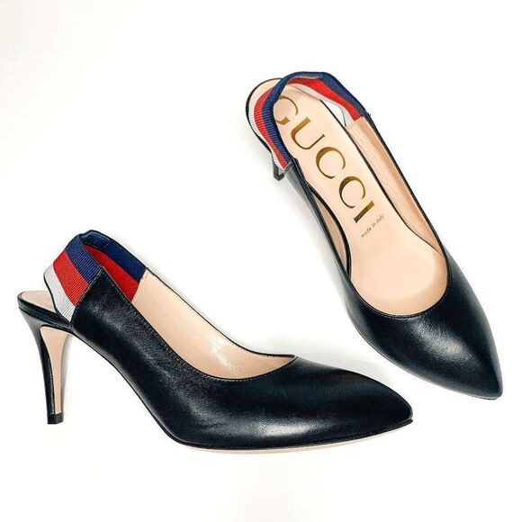 Gucci Shoes - Gucci Sylvie Web Strap Slingback Pumps EU 37 US 7 Black Pointed High Heels